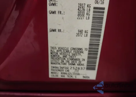 2016 Nissan Altima 2.5/2.5 S/2.5 Sl/2.5 Sr/2.5 Sv z USA, uszkodzony, nr VIN 1N4AL3AP1GC252637